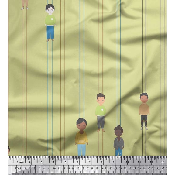Soimoi Beige Velvet Fabric Stripe & Mens Human Figure Printed Fabric 1 Yard 58 Inch Wide