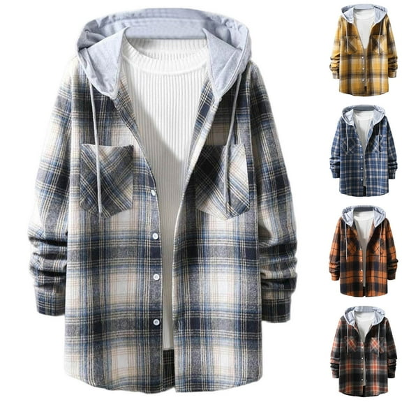 Momasggi Men's Flannel Hooded Shirts Fashion Plaid Long Sleeve Hoodie Jacket Casual Button Down Shacket with Pockets Gray M