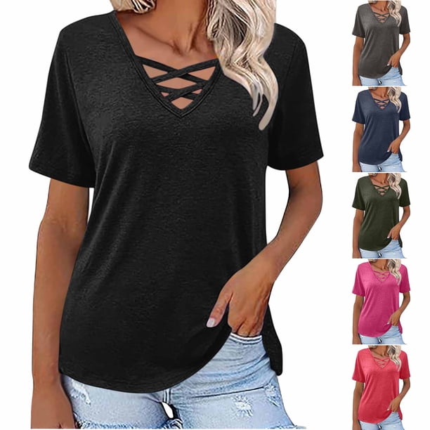 Camiseta sin mangas para mujer,Camiseta de manga corta con cuello en V para mujer, top informal de poliéster, jersey de color liso para usar en casa, sopatenor