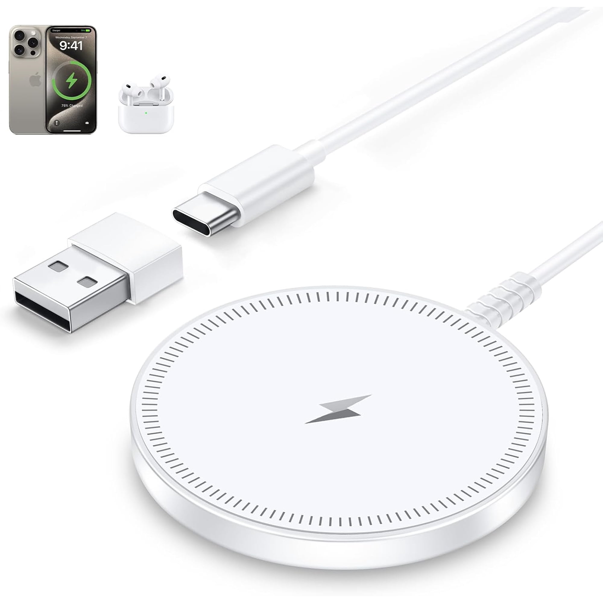 ETEPEHI Magnetic Charger Compatible for iPhone: Wireless Charging Pad Compatible with iPhone 16 15 14 Pro Max Plus 13 12 Pro Max & AirPods 4 3 2 Pro, White