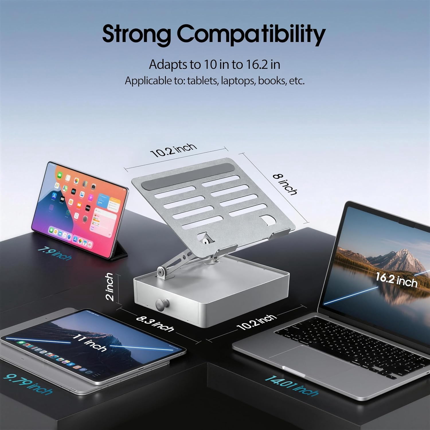 Laptop Stand with Storage Drawer, Heavy-Duty Metal Riser for Desk, Ergonomic Height & Angle Adjustment for 10–16.2 Inch Laptops, Silver