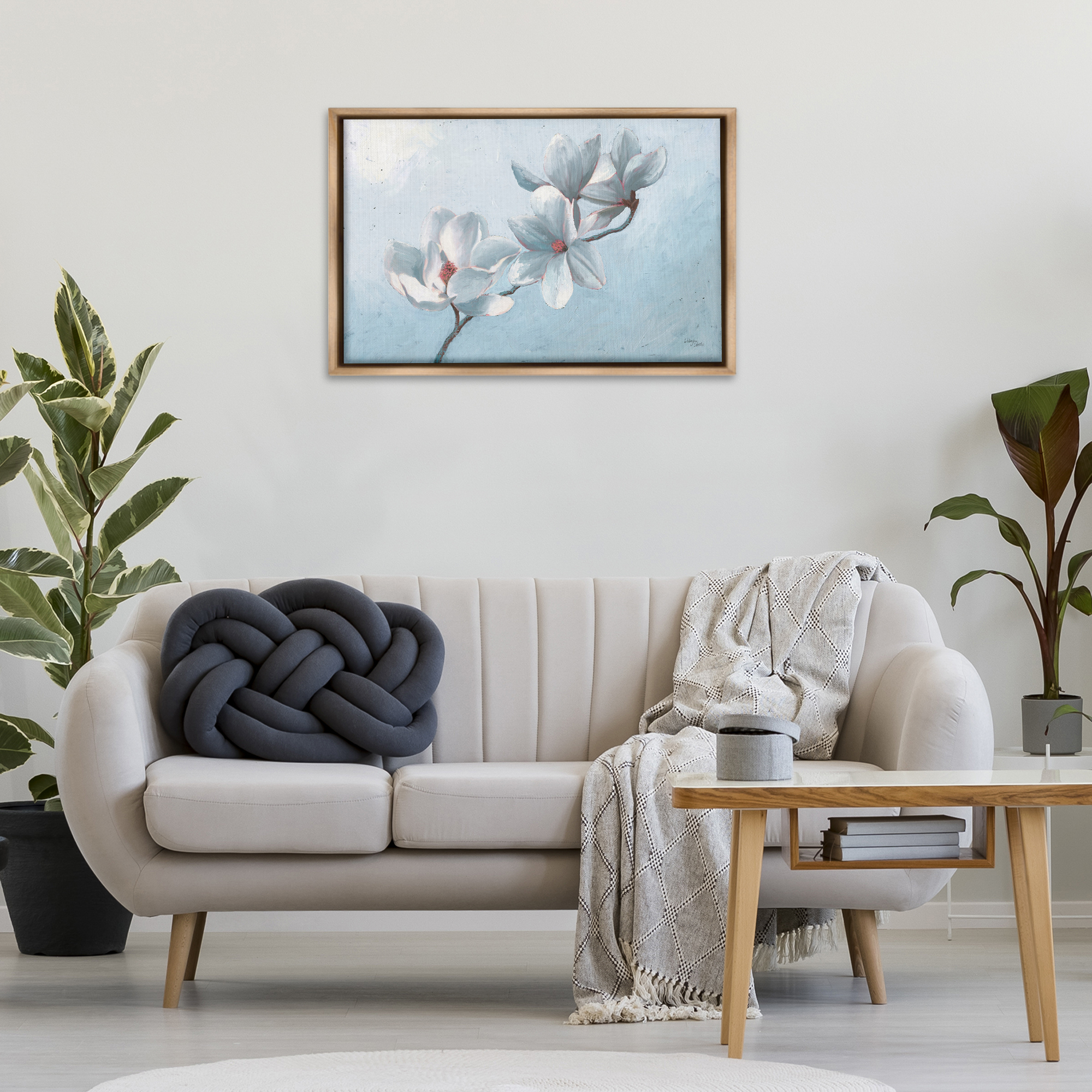 Stupell Industries Budding Magnolia Blooms Botanical & Floral Painting Brown Floater Framed Art Print Wall Art, 31 x 21
