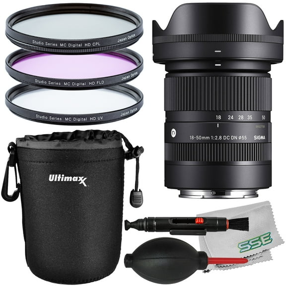 Sigma 18-50mm f/2.8 DC DN Contemporary Lens for Sony E with Starter Accessory Bundle: Manufacturer’s Accessories, 3PC Multi-Coated Digital HD UV Filter Kit, Water Resistant Padded Lens Pouch & More
