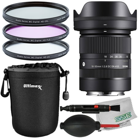 Sigma 18-50mm f/2.8 DC DN Contemporary Lens for Sony E with Starter Accessory Bundle: Manufacturer’s Accessories  3PC Multi-Coated Digital HD UV Filter Kit  Water Resistant Padded Lens Pouch & More