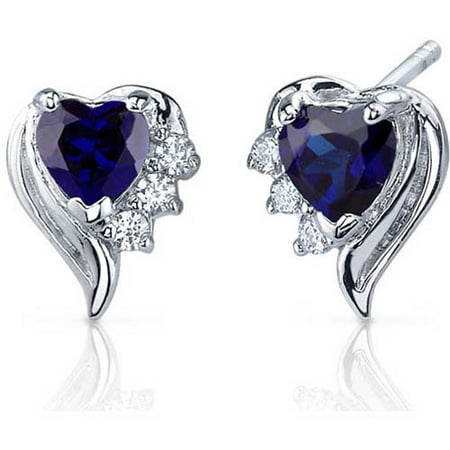 1.50 Carat Heart-Shape Created Blue Sapphire CZ Rhodium over Sterling Silver Stud Earrings