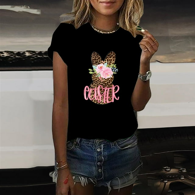 Daisyyozoid Women's Happy Easter Shirt Casual Printing Short Sleeves Loose Blouse Tops