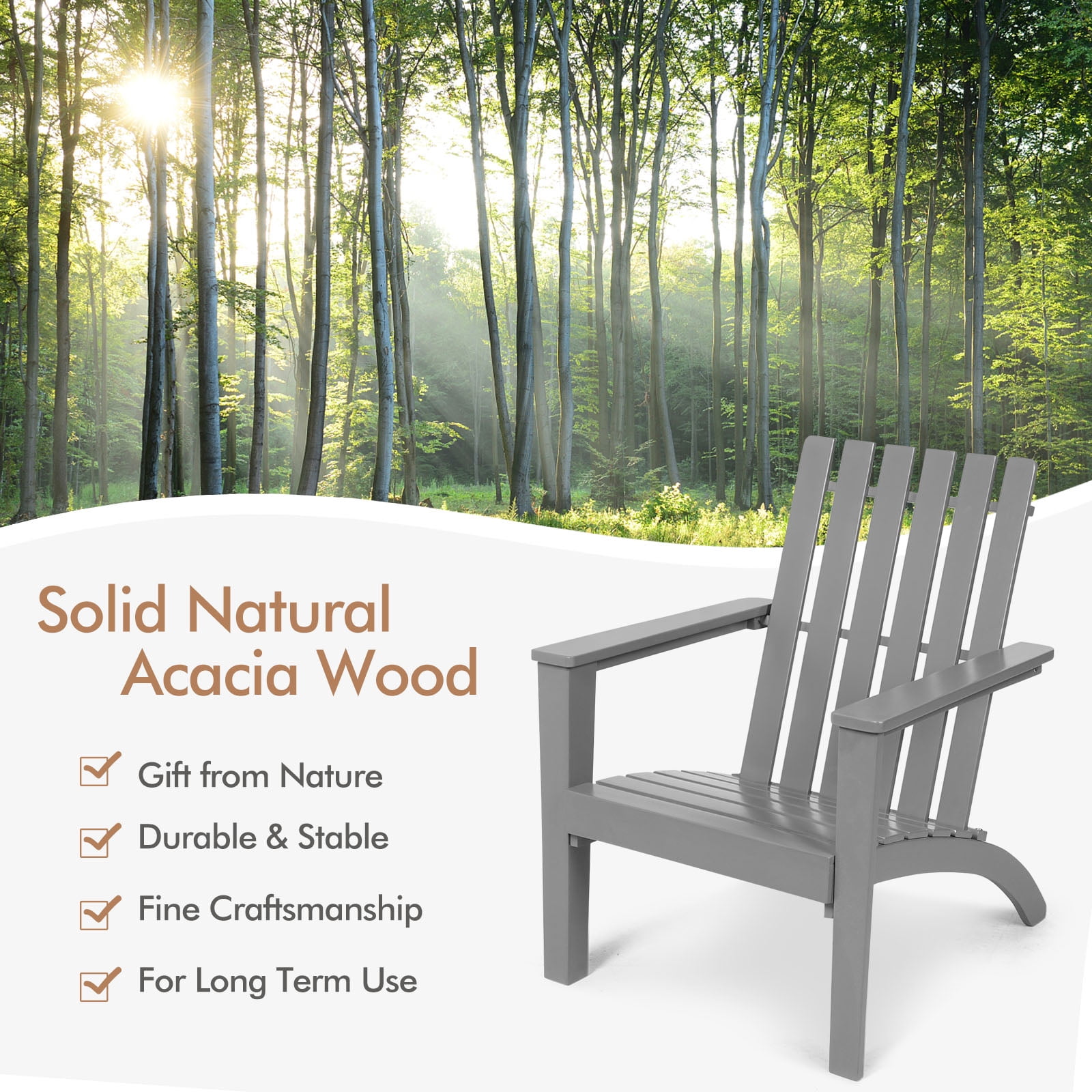 Patiojoy Wooden Adirondack Chair W/Ergonomic Design Outdoor Lounge Armchair Acacia Wood chair for Yard&Patio Gray