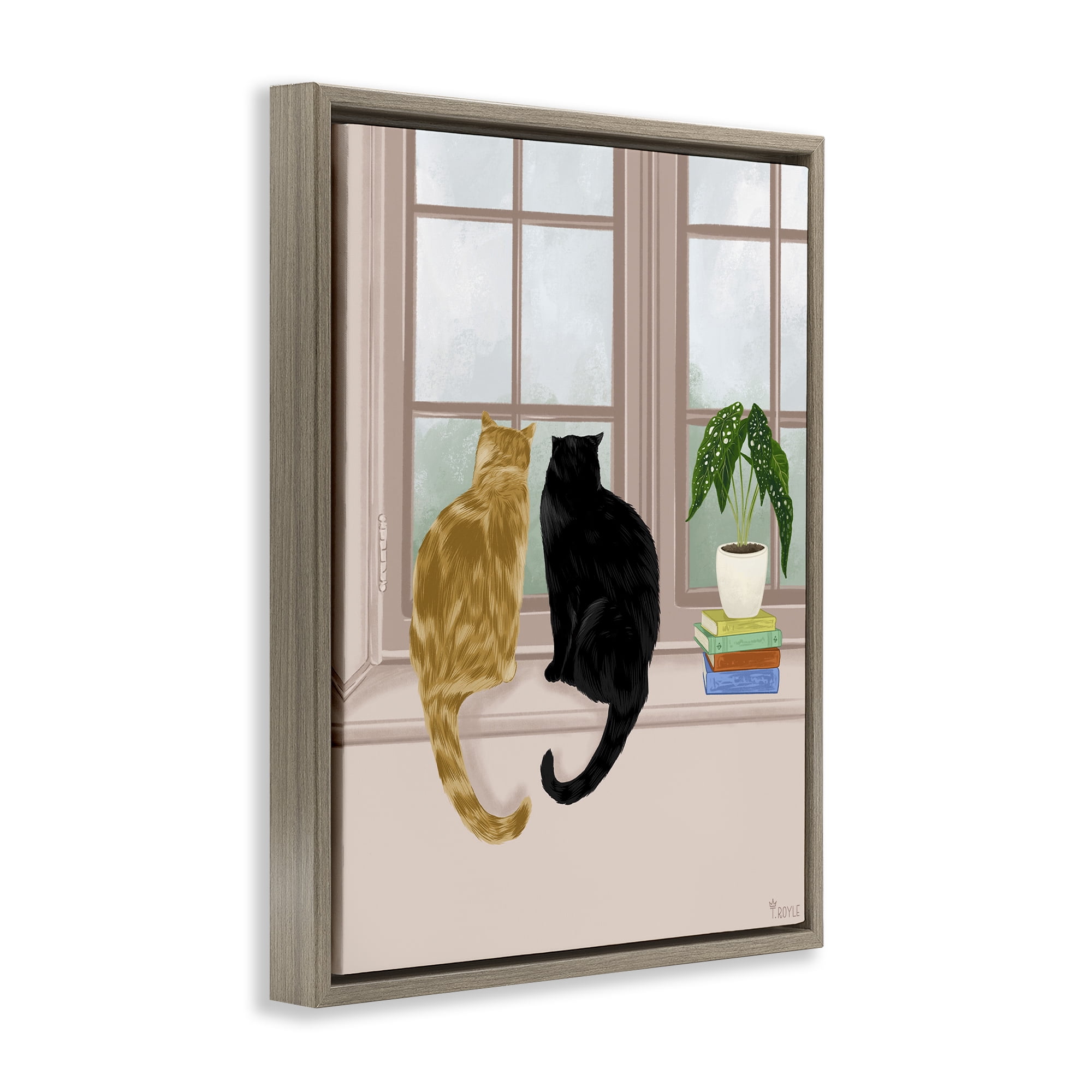 Stupell Industries Cat Pair in Windowsill Animals & Insects Painting Brown Floater Framed Canvas Art Print Wall Art, 17 x 21