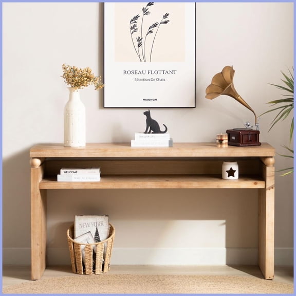 Rustic Farmhouse Natural Wood Coffee Table, 59in Space-Saving with Shelf for Hallway & Living Room