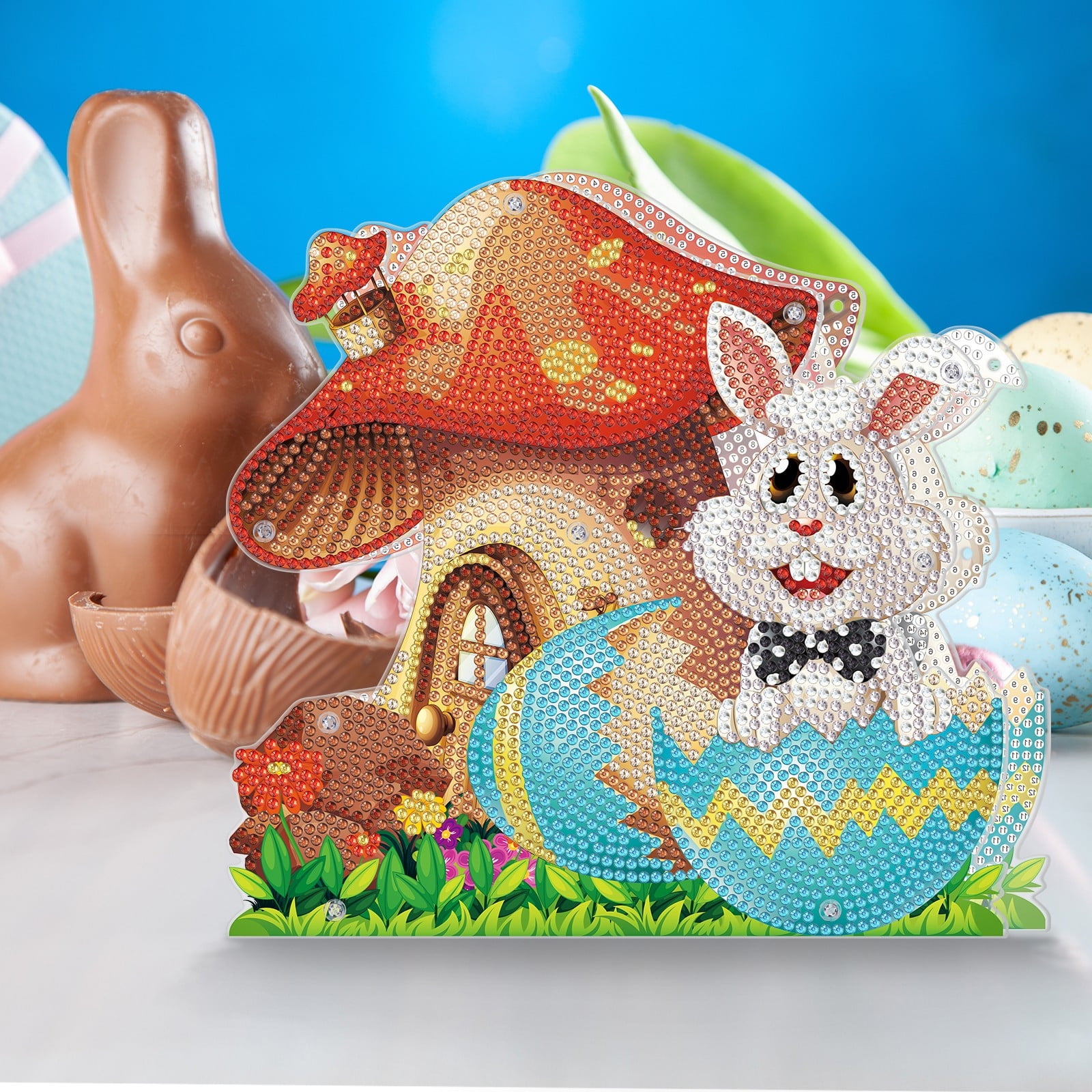 FLOPESN 2Pcs Easter Bunny DIY Diamond Art Painting Ornaments Lamp Kits, Diamond Painting Creative Handmade Bedroom Room Decor Double-Sided Dotted Diamonds