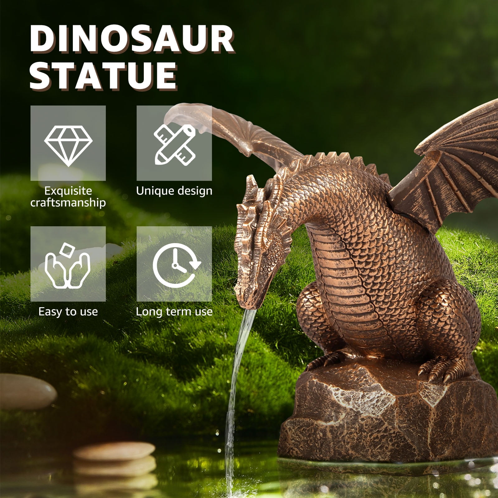 Dragon Water Fountain Décor Resin Garden Dragon Statue Fountain Vintage Dragon Wall Fall Fountain Sculpture Vivid Dragon Fountain Ornament for Outdoor Yard Garden