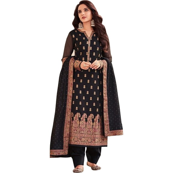 Indian Pakistani Designer Stitched Salwar Kameez Plazo Pant with Dupatta Suits ( Black, L - 42 )