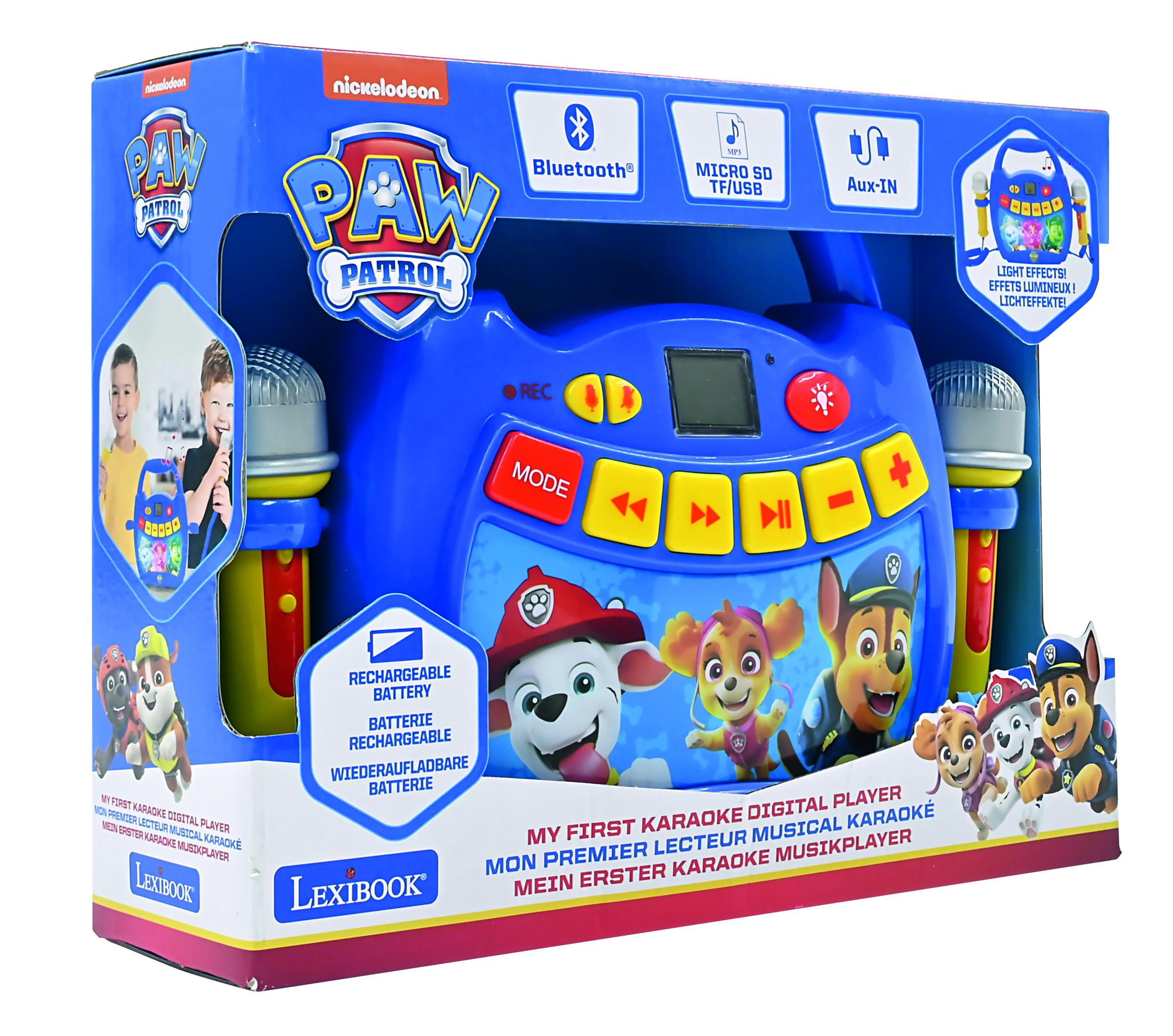 Lexibook Paw Patrol, Portable Karaoke digital player for kids – Microphones, Light effects, Bluetooth, Record and voice changer functions, Rechargeable battery, Blue/red