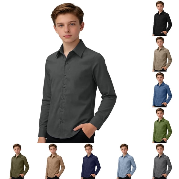 OSOLU Boys Dress Shirt Long Sleeve Turndown Collar Solid Color Full Button Front Kids All Season Formal Uniform Tops Gray