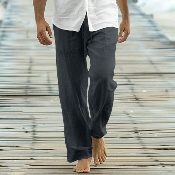 Men's Linen Casual Pants Elastic Drawstring Waist Lightweight Straight Leg Pants Loose Fit Summer Beach Yoga Trousers Plus Size