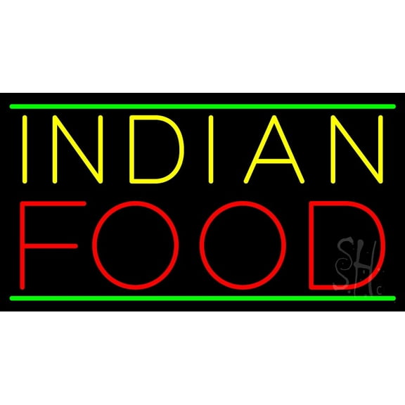 Indian Food Green Lines LED Neon Sign 20 x 37 - inches, Black Square Cut Acrylic Backing, with Dimmer - Bright and Premium built indoor LED Neon Sign for restaurant window and interior decor.