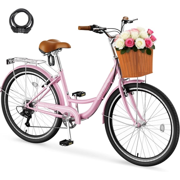 MOPHOTO 26'' 7 Speed Beach Cruiser Bike Bicycle for Women with Basket & Lock, Lightweight Step Through City Bikes, Commuter Bicycle for Adults Ladies