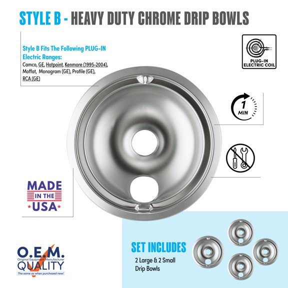 Range Kleen 119204XZ Style B Chrome 4 Pack Drip Bowls 3 Small and 1 Large