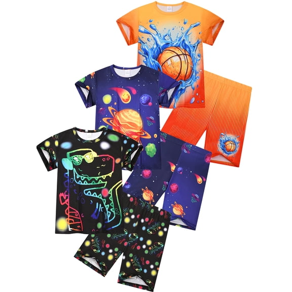 HWJAD Boys Cool Summer Outfits Set for Toddler Kids Short Sleeve Tee and Shorts 2 Pieces Little Boys Graffiti Dinosaur Clothes