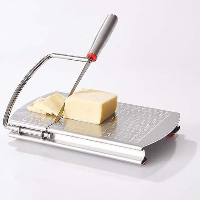 Cortador de queso multiusos, tabla de cortar de acero inoxidable con cuchilla para queso en bloque, cortador de salchichas, jamón, cecina, plata, 21 x 12,8 + 12,4 x 3 c