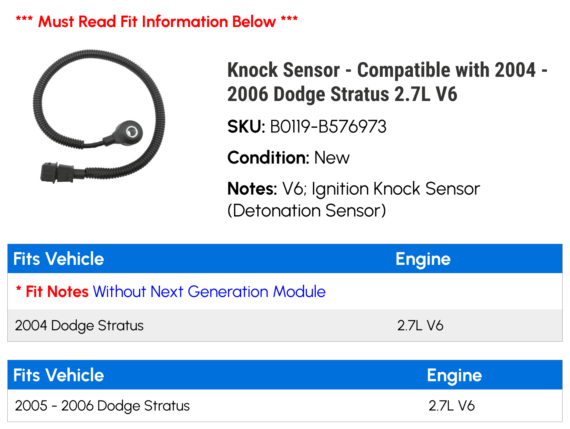 Knock Sensor - Compatible with 2004 - 2006 Dodge Stratus 2.7L V6 2005