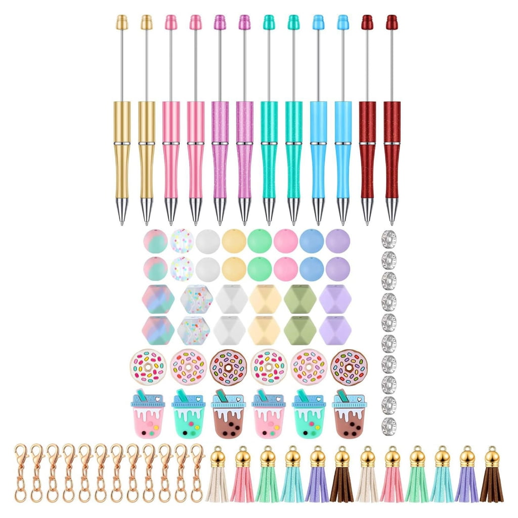 100Pcs Beadable Ballpoint Pen with Beads, Swivel Snap Hooks, and Colored Tassels