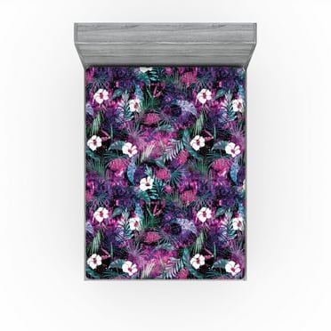 Ambesonne Floral Fitted Sheet, Cosmos Universe Bloom Starry, Queen Size, Fuchsia Purple Teal