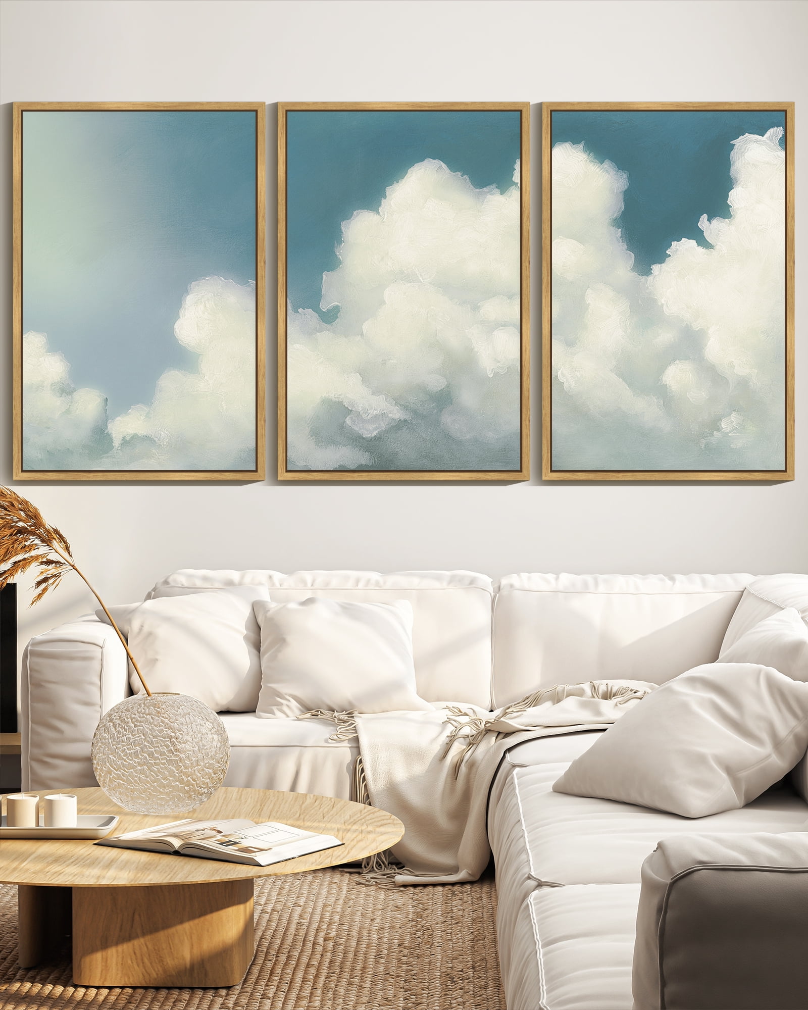 Drsoum Large 24x36in3pcs Natural Framed Cloud Framed Wall Art Cloudy Sky Natural Wall Decor Vintage Landscape Modern Painting Artwork for Living Room Bedroom