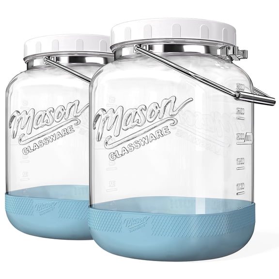 2 Pack Square Wide Mouth Mason Jars, 1 Gallon Glass Jar With Airtight Lid and Scale Marks, 128 FL Oz/3785 ML Food Storage Containers with Handles & Non-slip Bases - for Flour, Rice, Pickling