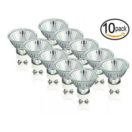 GU10 Halogen Light Bulbs, 50 Watt, 120 Volt, (10 Pack) Protected by UV Glass Cover and heat absorbing coating for safety, Perfect for Recessed, Track, Cabinet and Outdoor lighting. Set of 10