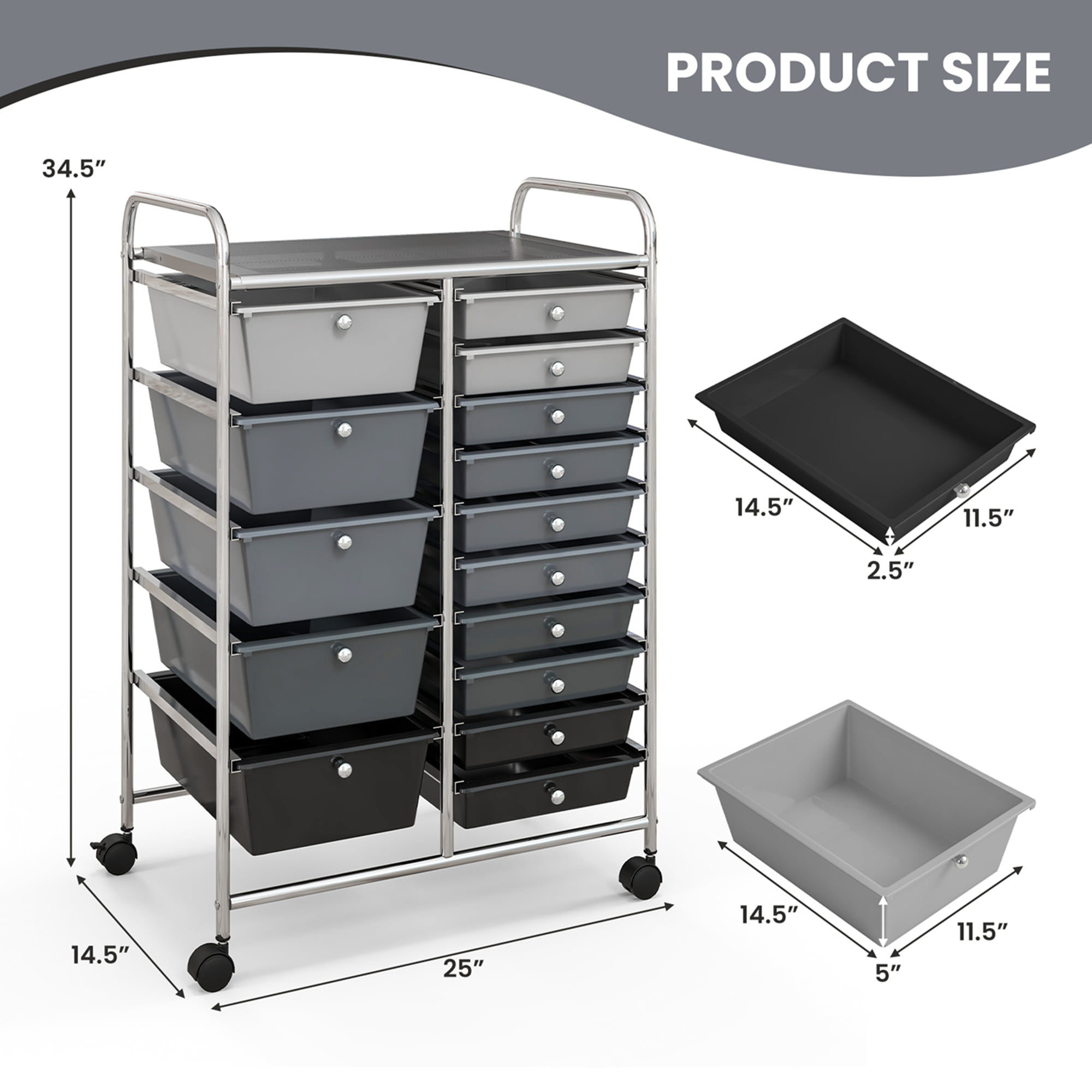 Costway 15 Drawer Rolling Storage Cart Tools Scrapbook Paper Office School Organizer Gray