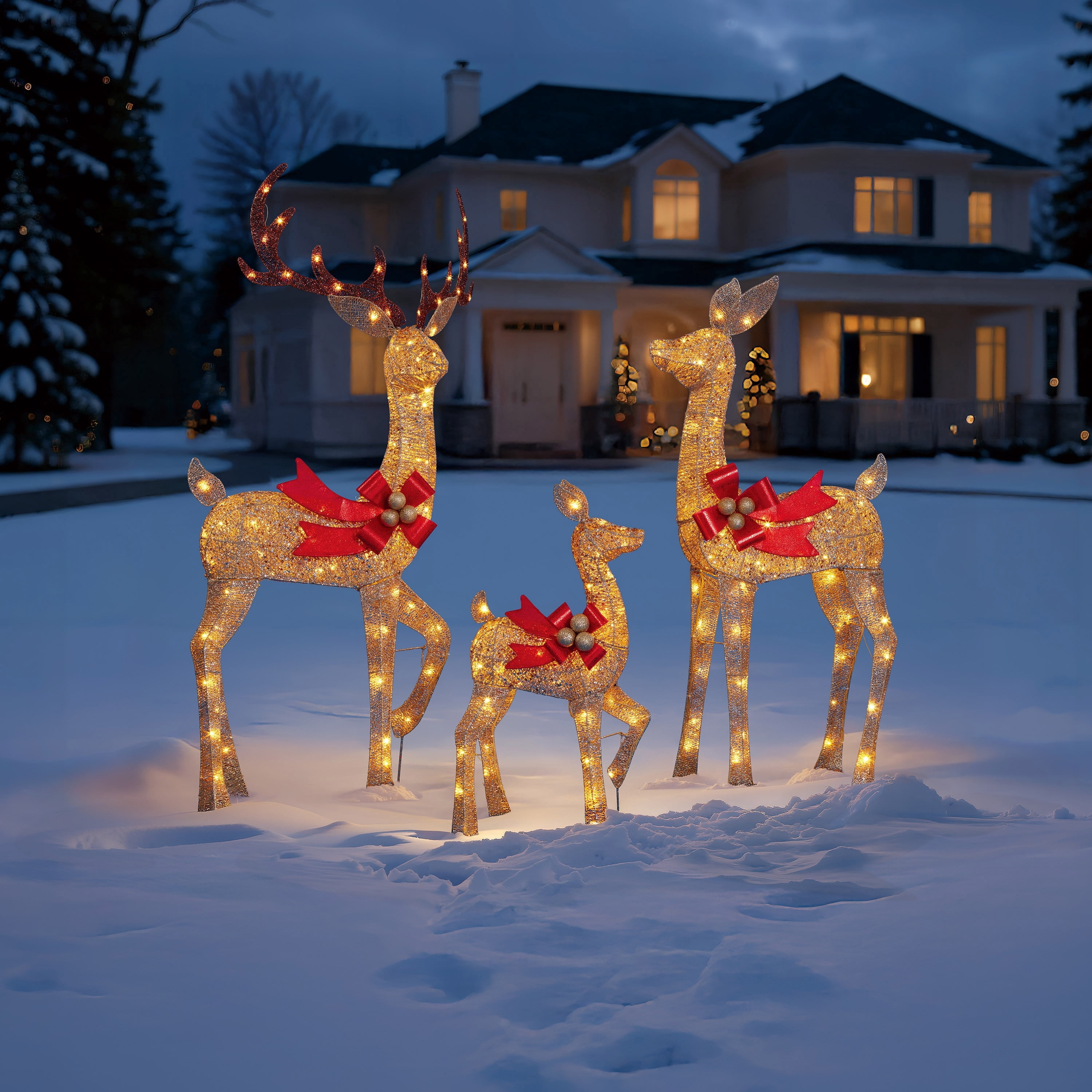 Indoor/Outdoor Light-Up Glitter Deer Family Christmas Decoration with 210 LED Lights, Warm White, Set of 3, by Holiday Time