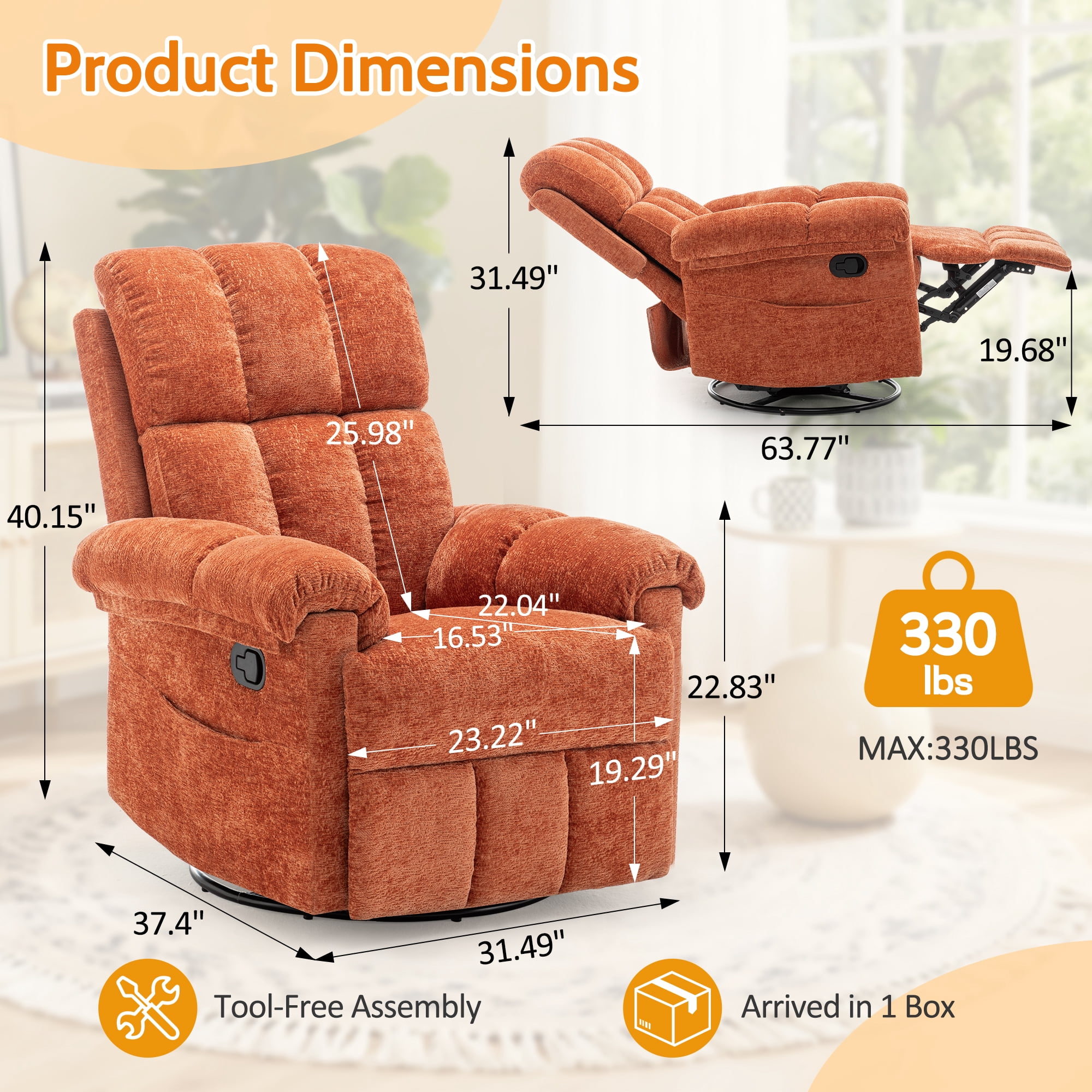 Korser Small Recliners for Small Spaces,Swivel Rocker Recliner Chair with Side Pockets for Living Room,Orange