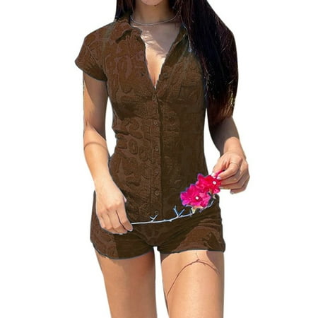 

Ma&Baby Women Collar Button Front Short Sleeve One Piece Romper Playsuit Bodysuit