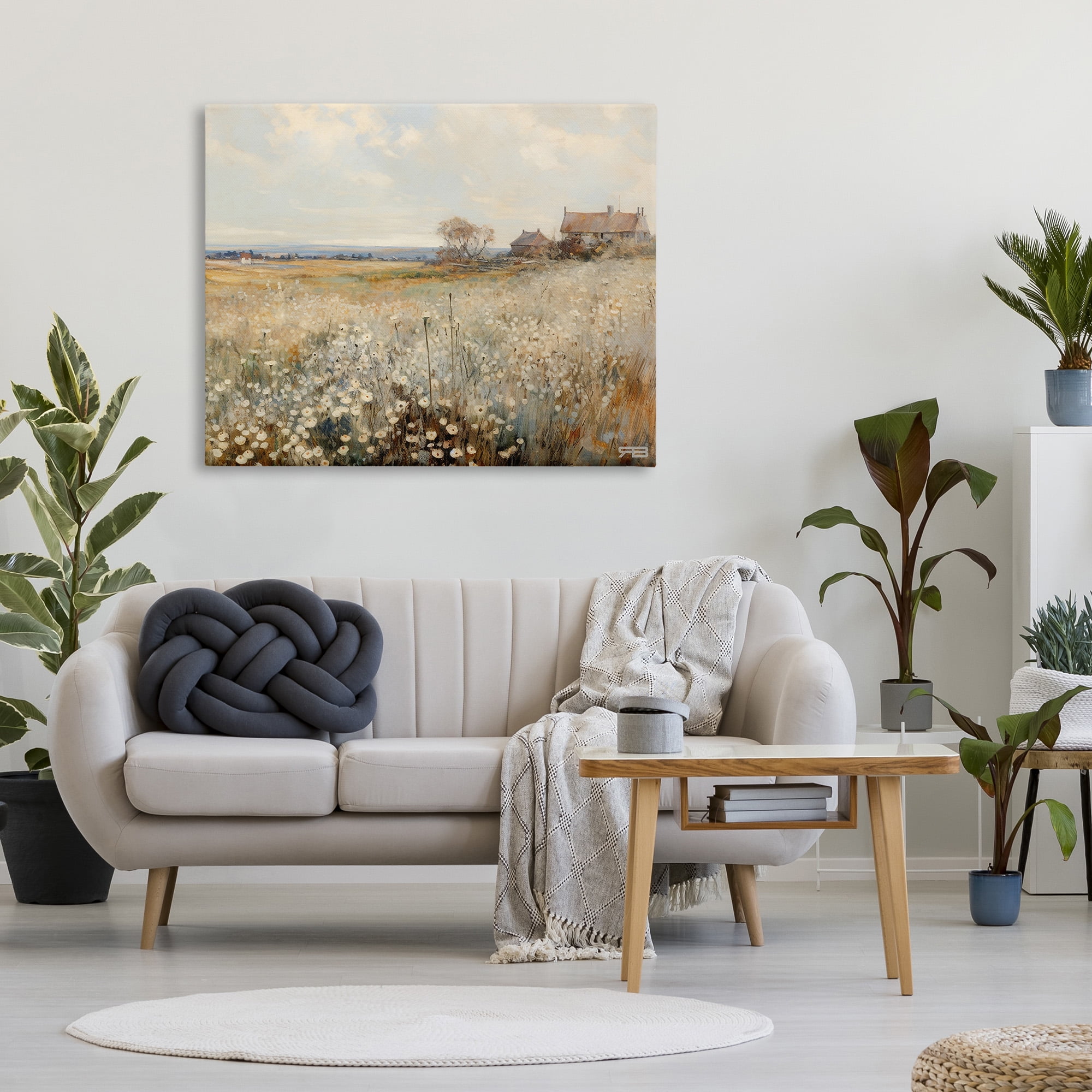 Stupell Industries Neutral Farmland Meadow Landscape Painting Gallery Wrapped Canvas Art Print Wall Art, 48 x 36