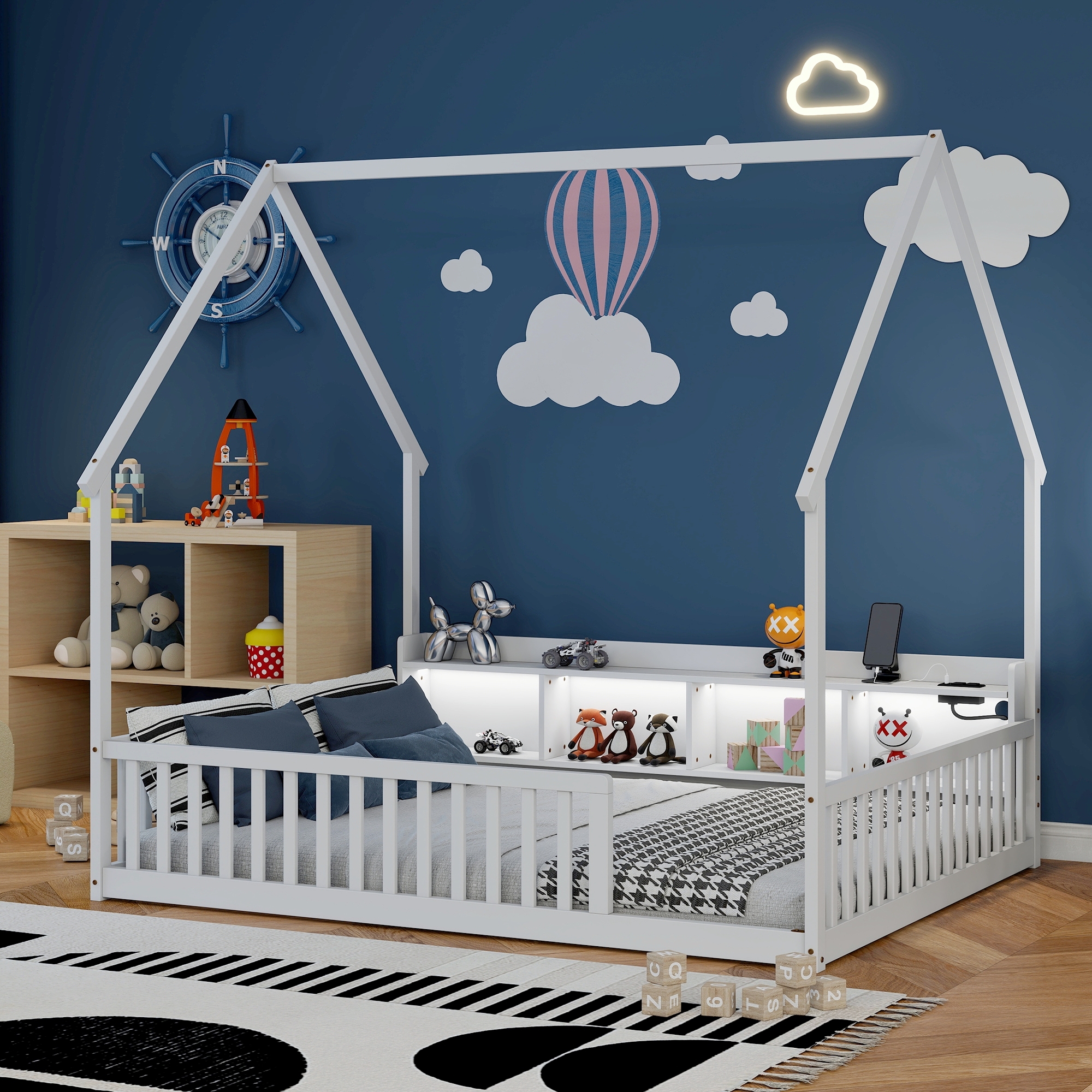 Leumius Full Size House Floor Bed with Storage Shelves,Built-in LED Lights & Charging Station,Pine Wood Floor Bed Frame with Safety Guardrails for Kids Bedroom White