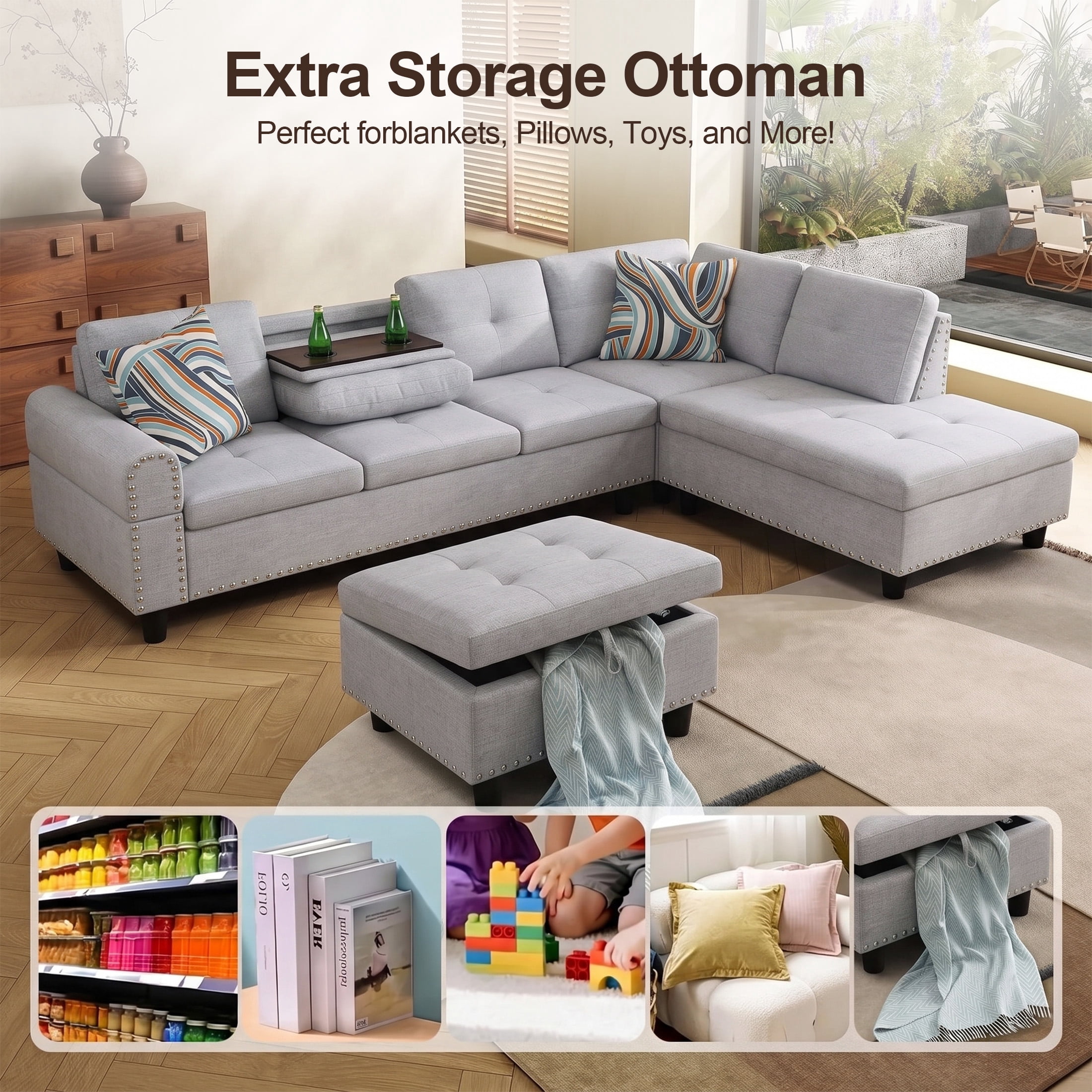 AENKYO 98" L-Shaped Sectional Sofa with Reversible Chaise, Storage Ottoman & Cup Holders, Flannel, Light Gray