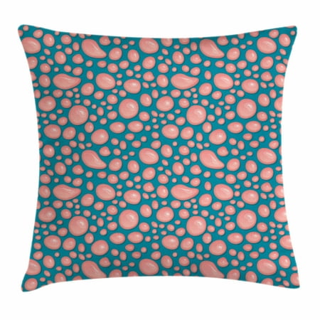 Decorative Prep Drop - Pale Pink Throw Pillow Cushion Cover, Drops and Round Splash of Bubble Gum on Blue Background in Cartoon Style, Decorative Square Accent Pillow Case, 18 X 18 Inches, Petrol Blue Coral, by Ambesonne
