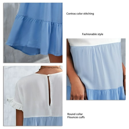 

Demonsen One Piece Dress Contrast Color Splicing Dress Classic One Piece Dress with Ruffled Cuffs Machine Washable for Summer Girl Dress