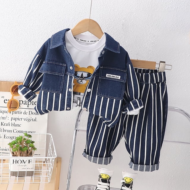 Conjuntos de ropa para niños Bebés Niños Primavera Otoño Ropa de mezclilla Conjunto lindo de tres piezas Chaleco de vaquero Abrigo Traje para niños Chaqueta + Top + Pantalones 2T (Tag100) Gao Jinjia LED