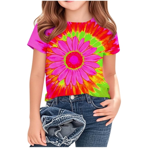 UQJfacai Girls Floral Short Sleeve Shirt Kids Summer Fashion Crewneck Tops Casual Soft Graphic Tees Blouse 3-14 Years