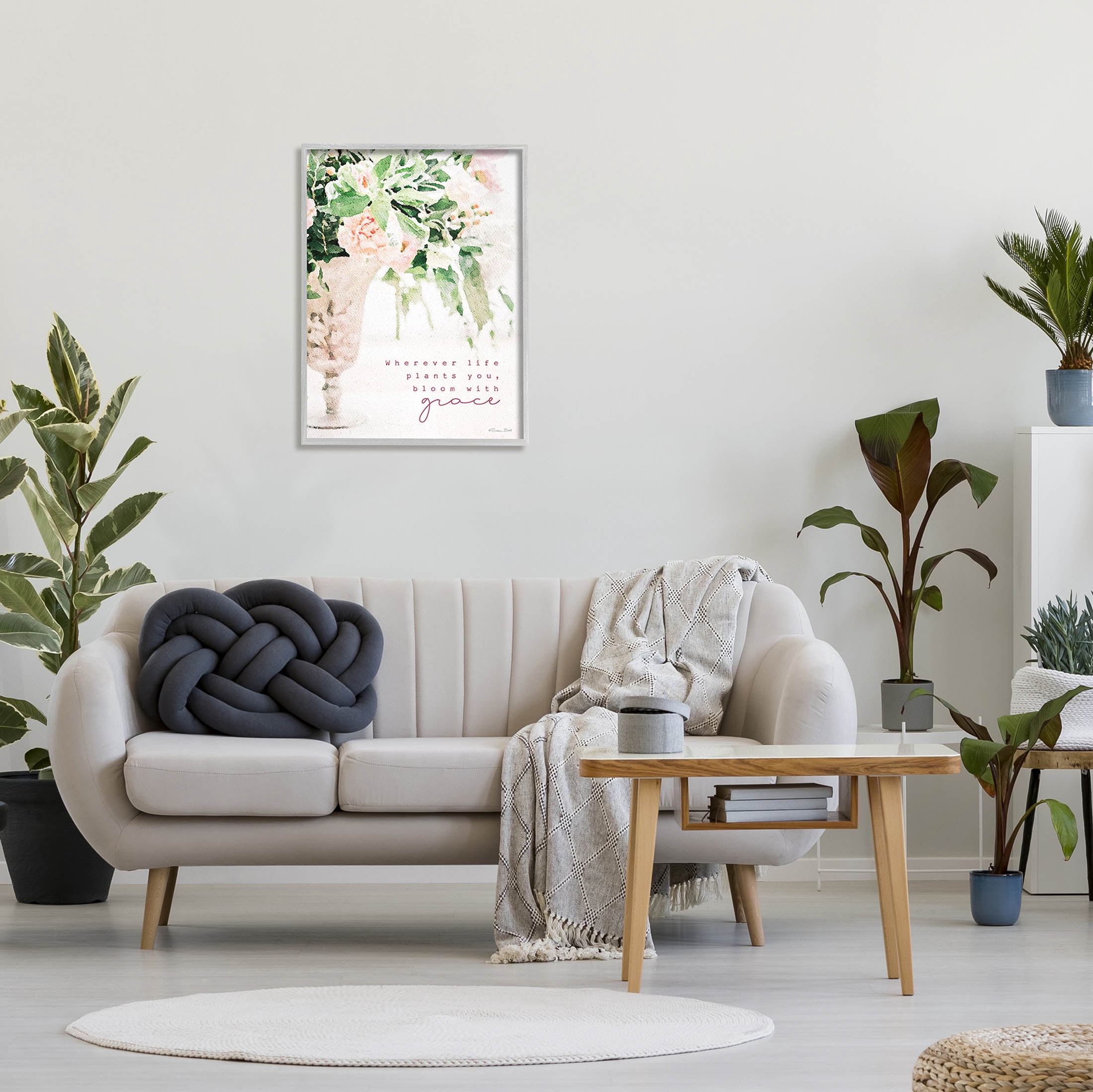 Stupell Industries Bloom With Grace Floral Phrase Graphic Art Gray Framed Art Print Wall Art, Design by Susan Ball