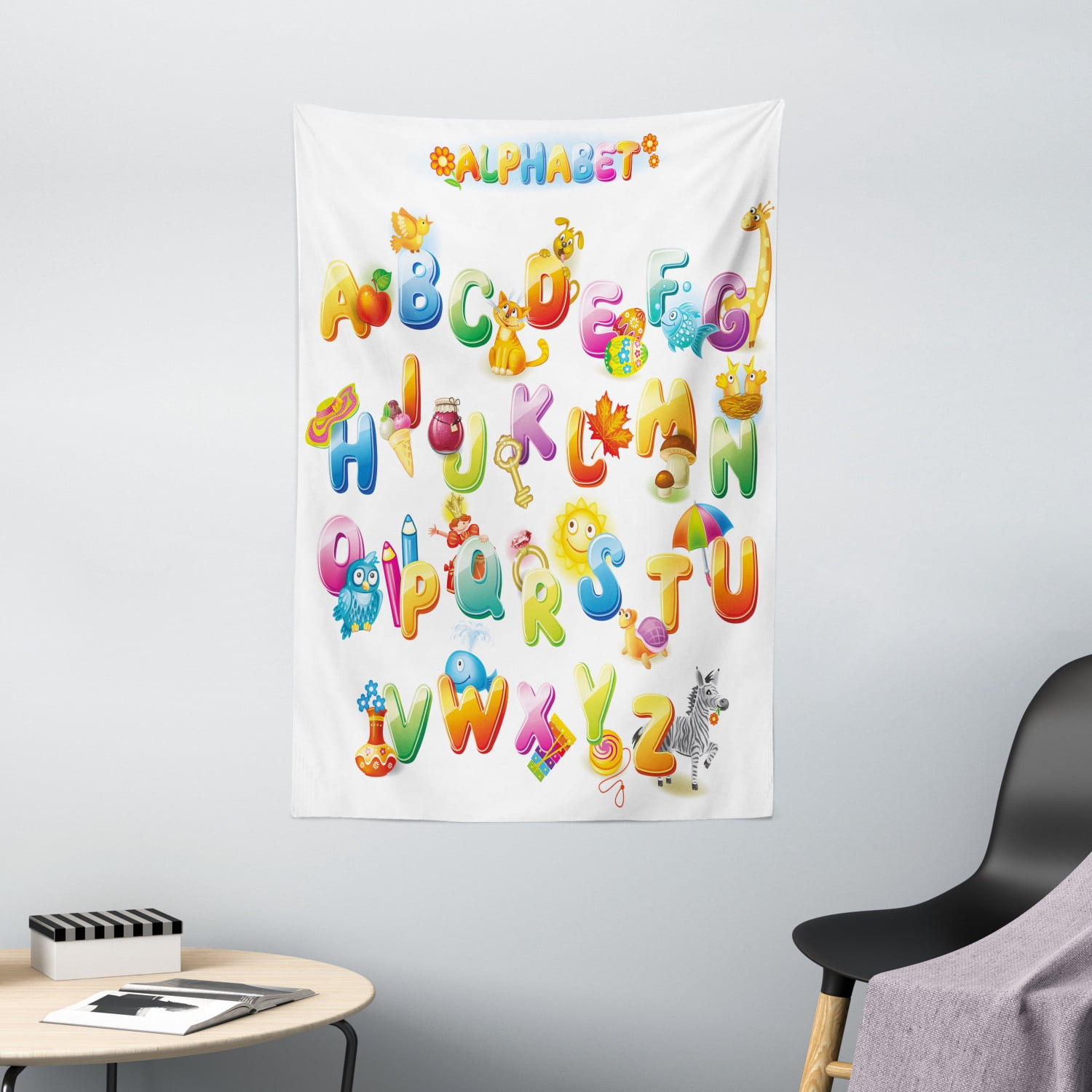 Educational Tapestry, Cheerful Cartoon Fun Alphabet Design for Kids