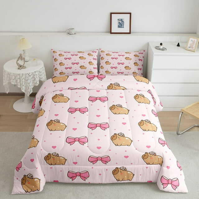 Erosebridal Cartoon Capybara Bedding Full Comforter Set, Girls Bowknot Down Comforter, Princess Room Decor, Reversible 3pcs