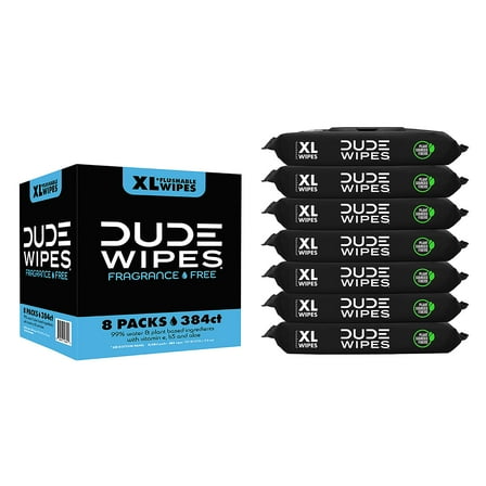 DUDE Wipes - Flushable Wipes - 8 Pack, 384 Wipes - Fragrance Free Extra-Large Adult Wet Wipes - Vitamin-E & Aloe - Septic and Sewer Safe