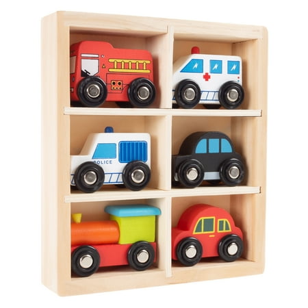 - Wooden Car PlaySet-6-Piece Mini Toy Vehicle Set with Cars, Police and Fire Trucks, Train-Pretend Play Fun for Preschool Boys and Girls by Hey! Play!
