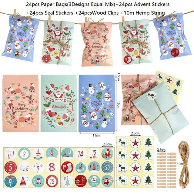 Juego de calendario de adviento de Navidad, bolsas de papel Kraft con cuenta atrás, paquete de embalaje de regalo de recuerdo de fiesta de invierno, bolsa de dulces con pegatinas de Navidad