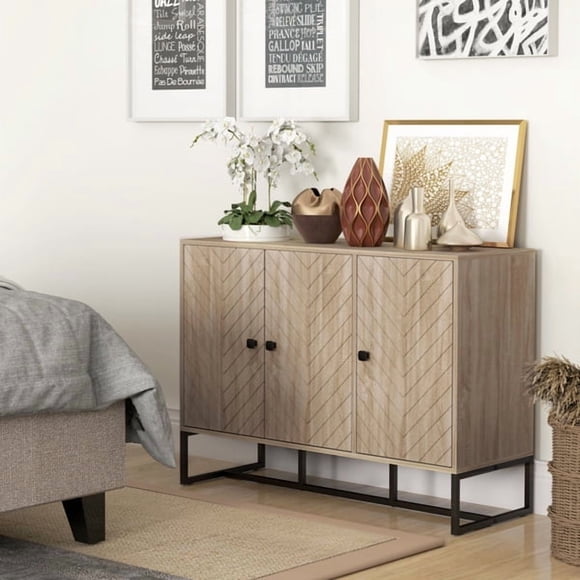 Oak Wood Grain Kitchen Storage Cabinet, 4-Door Sideboard Buffet with Chevron Pattern, Adjustable Shelves Magnetic Doors and Anti-Tipping Design for Dining Room Hallway