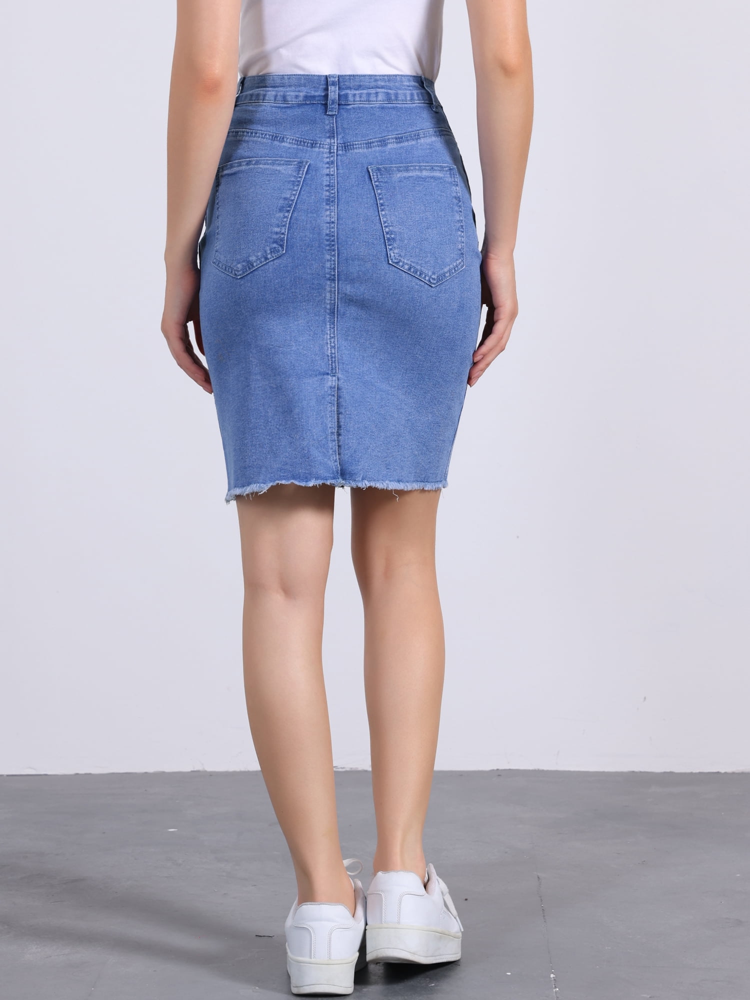 DARING DIVA Women's Basic High Waist Ripped Hem Washed Denim Skirt L Bright Blue