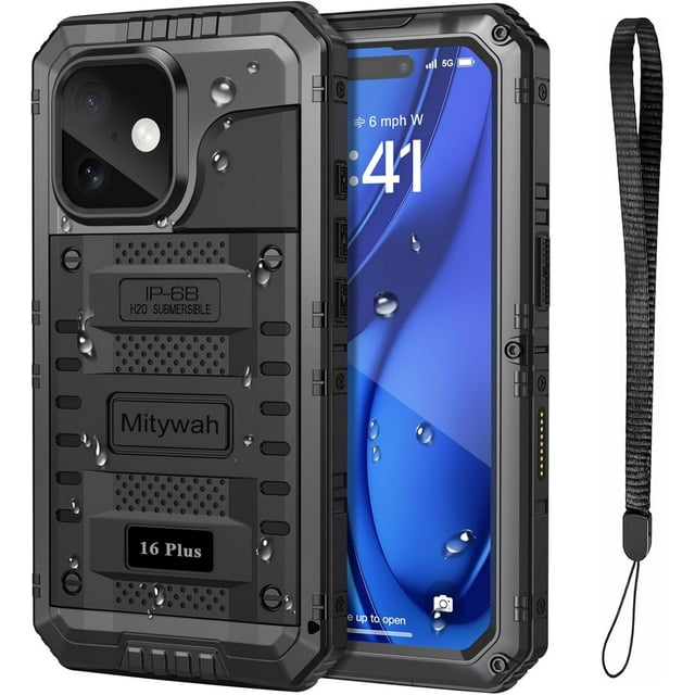 REJODA-Heavy Duty Military Grade Metal Case for iPhone 16 Plus, Waterproof, Shockproof, Full Body Protection, Built-in Screen Protector, Black